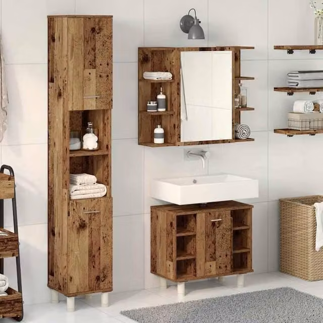 Berkfield Home 3 Piece Bathroom Furniture Set in Old Wood Brown, including Vanity Unit, Tall Cabinet and Mirror Cabinet