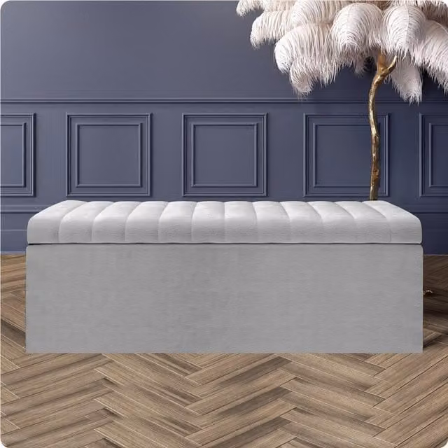 R&M Furnishers Safar Naples Ottoman Storage Box, Purple Striped Velvet Upholstered Blanket Chest and End of Bed Bench in Silver and Grey