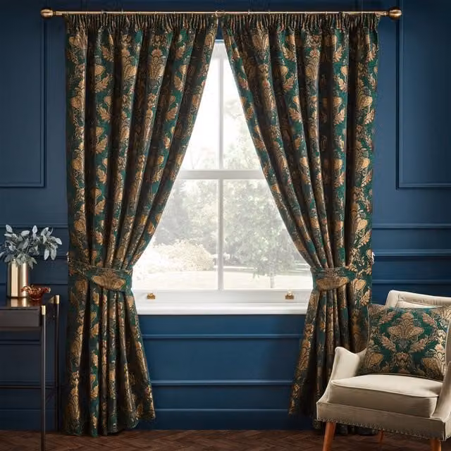 Shiraz Emerald Damask Pencil Pleat Curtains, W: 168 cm, H: 183 cm