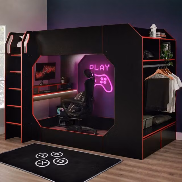 Recoil Boss Pod Small Double Gaming High Sleeper Bed with Desk and Drawers, Black