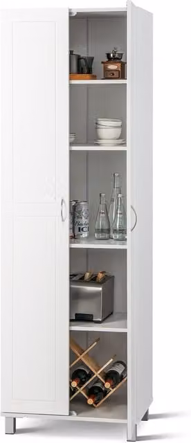 COSTWAY Modern White Tall Kitchen Cupboard and Living Room Storage Cabinet with Hinged Doors and Internal Shelves