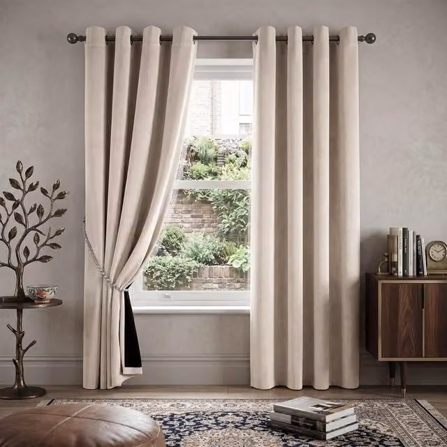 Livinluxury Velvet Look Eyelet Blackout Curtains in Beige, Width: 168 cm