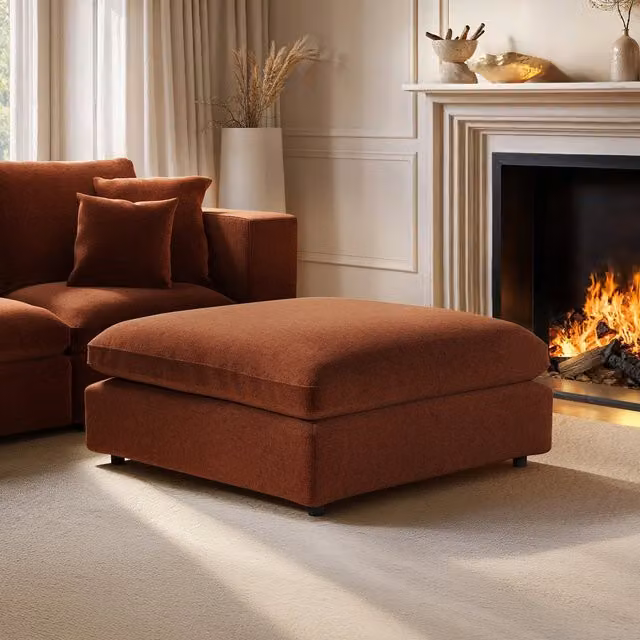 Solace+Co Asher Orange Cylindrical Bouclé Fabric Footstool