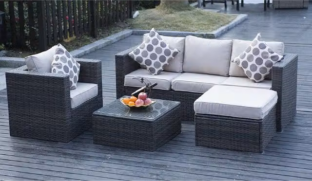 Furniture Maxi Vancouver 5 Seater Brown Polyrattan L-Shape Garden Furniture Set with Upholstered Cushions