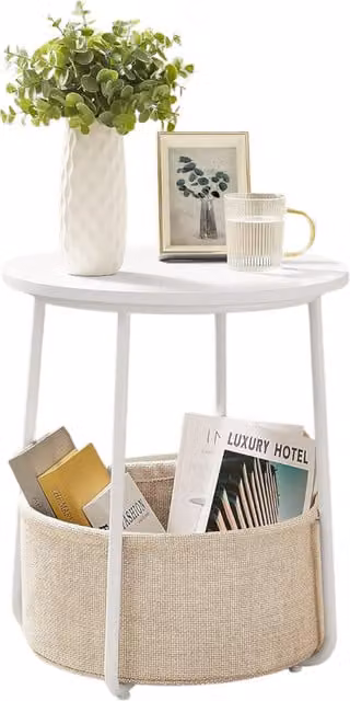 Furnold Side Table with Removable and Washable Storage Basket in Beige and White