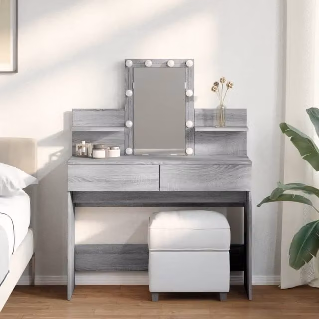 Berkfield Home Modern Grey Dressing Table with LED Hollywood Mirror W/D/H: 100 x 40 x 130 cm