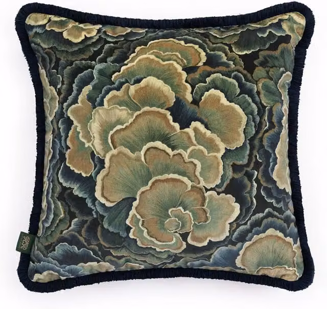 House of Hackney Trametes Green Floral Velvet Fringed Cushion, W/D/H: 45 x 45 x 45 cm