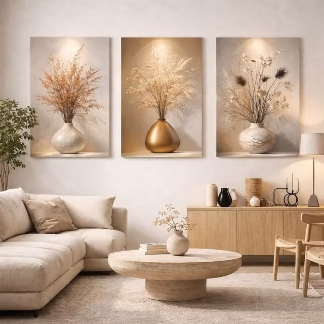 Mafett Serene Dried Botanicals 3 Panel Canvas Wall Art in Beige, W: 45.72 cm x H: 60.96 cm