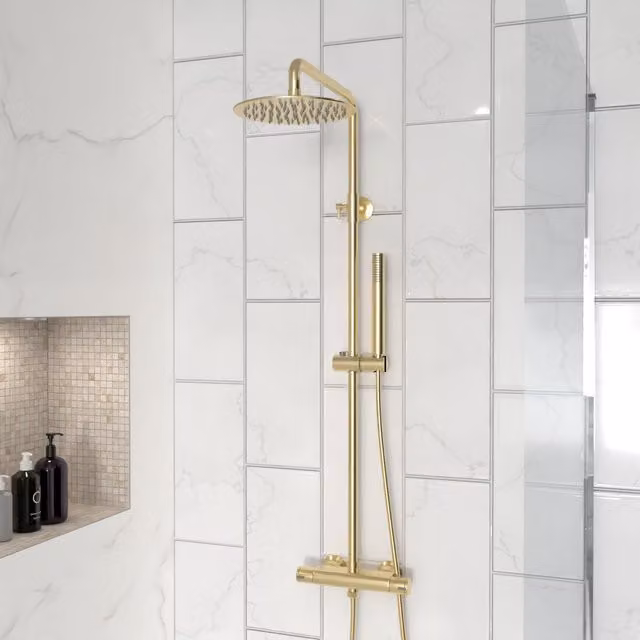 Nes Home Modern Brushed Brass Gold Thermostatic Riser Rail Shower Set with Overhead Rain Shower and Hand Shower
