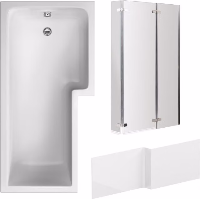Balterley L-Shaped White Bath with Apron and Right-Hand 3-Panel Chrome Hinge Screen