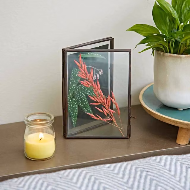 Paper High Antique Brass Reclaimed Glass Folded Double Photo Frame in Copper and Gold