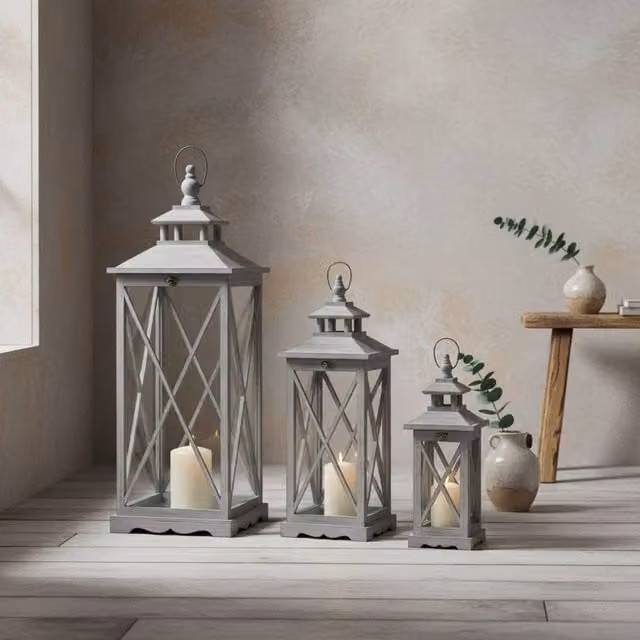 Wyld Haus Set of Three Grey Rustic Wooden Tabletop Lanterns with Glass Panels