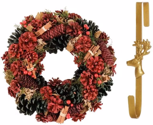 Dibor Cinnamon Pine Christmas Wreath with Deer Hanger in Red and Green, Diameter: 36 cm