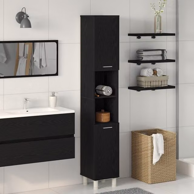 Berkfield Home Black Oak Bathroom Cabinet, W/D/H: 30 x 30 x 179 cm