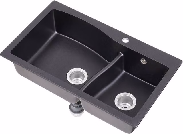 Living and Home Modern Double Bowl Quartz Resin Composite Kitchen Sink with Waste Kit in Black W/D/H: 81.0 x 48.0 x 8.2 cm