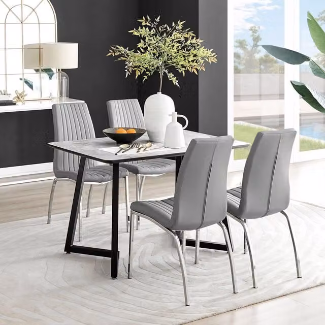 FurnitureboxUK Carson White Marble Effect Rectangular Dining Table and 4 Isco Faux Leather Chairs in Grey