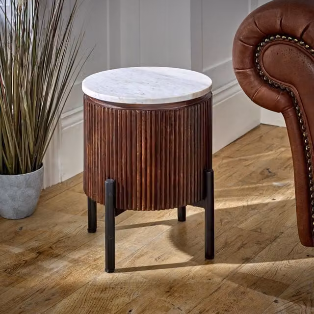 Luxor Living Mango Wood Side Table with Marble Top and Metal Legs in Brown and Multicolour, W/D/H: 35 x 35 x 45 cm