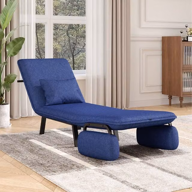 Komore Blue Linen Foldable Sofa Bed with Armrests and Pillow