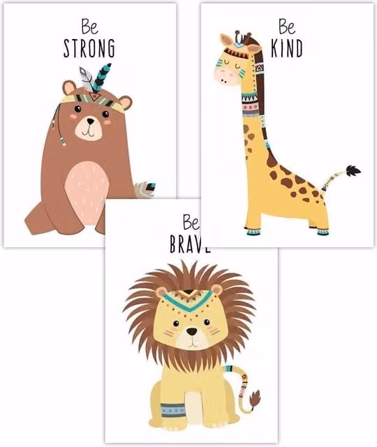 ARTZE Set of 3 Nursery Tribal Animal Quote Paper Posters in Yellow and Multicolour, W: 50 cm, H: 70 cm