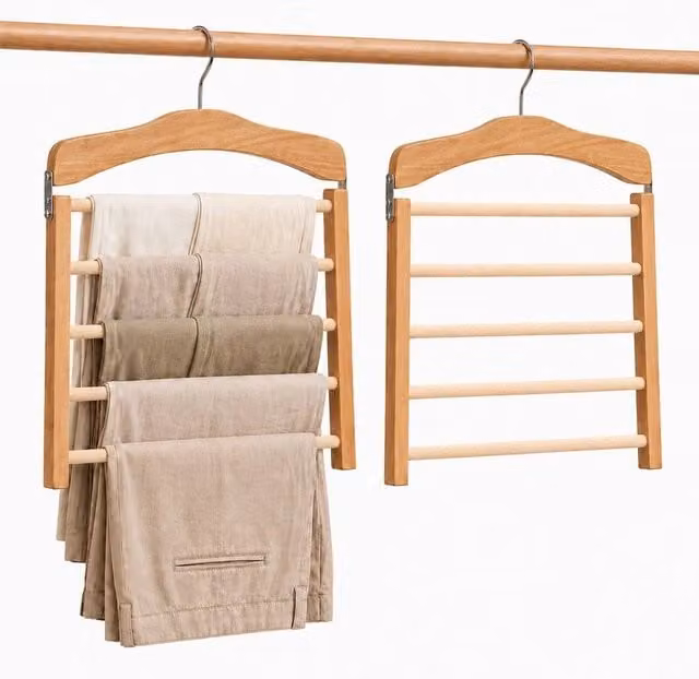 VOGREX 2 Pack Space Saving Wooden Trouser, Jeans and Scarf Organiser Hangers in Beige