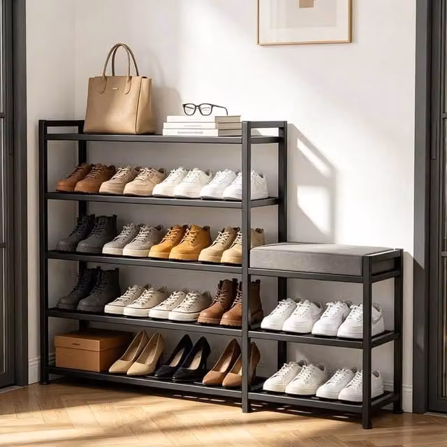 EONLION Modern Black Corner Shoe Storage Rack and Bench Organiser