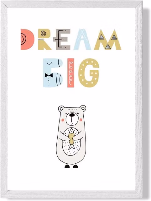 ARTZE Cute Dream Big Bear Scandi Quote Framed Print, A3, White Frame, Pale Blue
