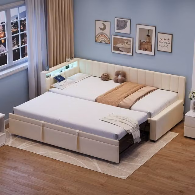 Merax Single Upholstered Daybed Sofa Bed with Pull Out Trundle, LED Lighting, USB Charging Port and Side Compartments, Beige, W/D/H: 90 x 190 x 74 cm