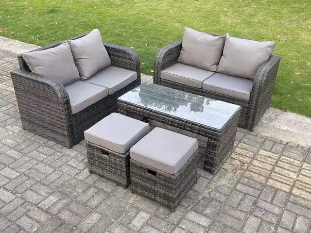 Fimous 6 Seater Grey Rattan Garden Furniture Set with 2 Seater Sofa, Coffee Table and Ottoman