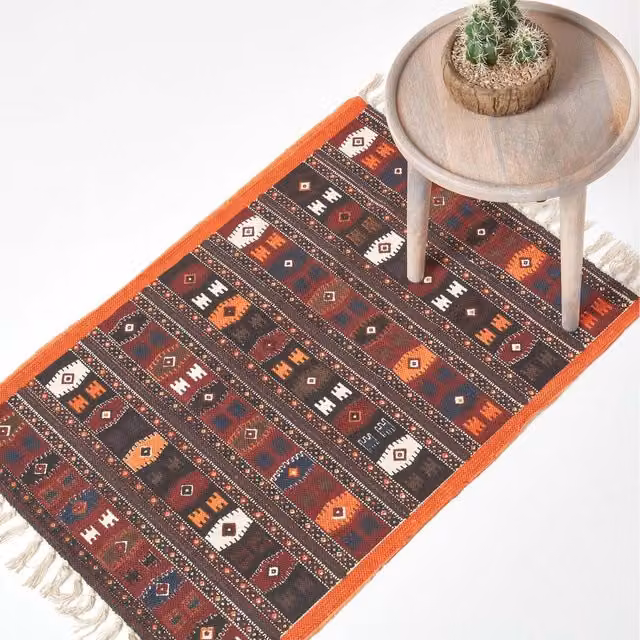 Homescapes Multicolour Ethnic Cotton Kilim Printed Flat Weave Rug, W: 120 cm x D: 120 cm