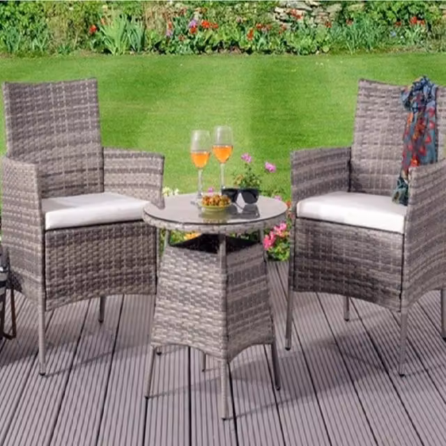 Comfy Living 3 Piece Grey Rattan Bistro Set with Round Glass Table