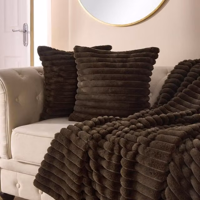 OHS Faux Fur Thick Ribbed Square Cushion Covers in Chocolate, 45 cm