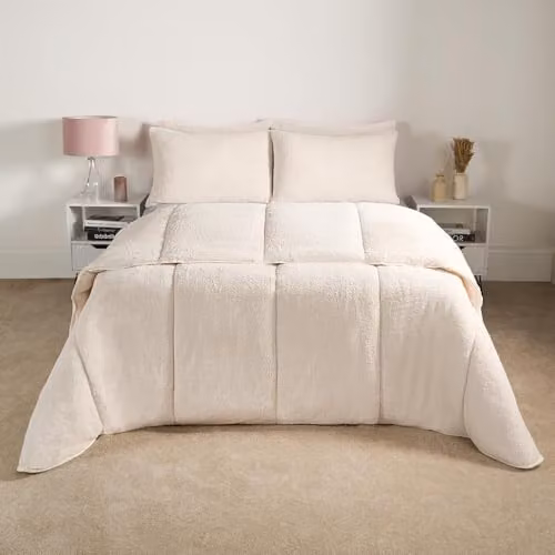 OHS Teddy Fleece 10.5 Tog Coverless Double Duvet and Pillowcase Set, White/Beige, W/D/H: 200 x 200 cm