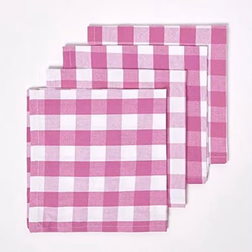 Homescapes Set of 4 Pink and White Checked Cotton Gingham Napkins, 45 x 45 cm