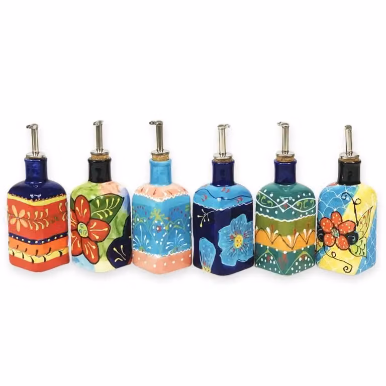 Verano Spanish Ceramics Hand Painted Squared Oil and Vinegar Drizzler with Cork Stopper, Blue Floral, 300ml