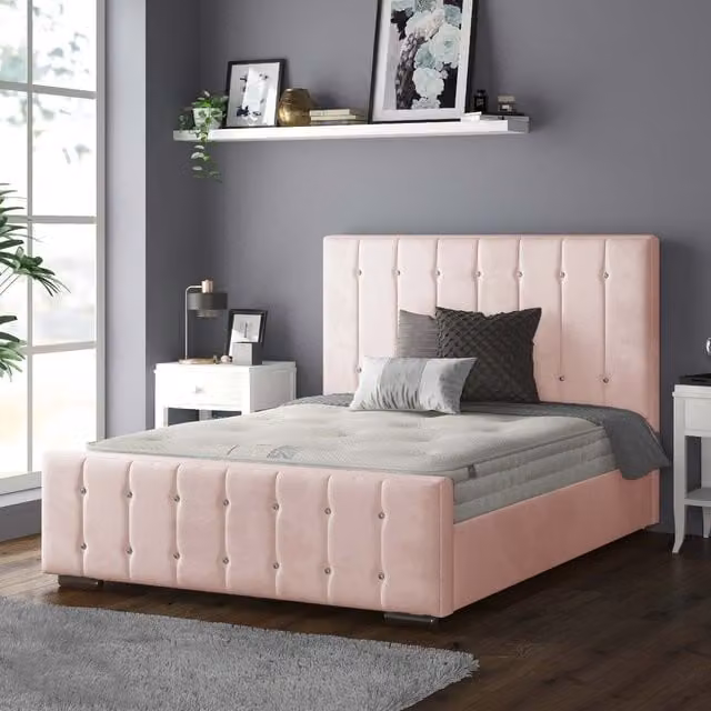 IH Design Anastasia Striped Plush Velvet Upholstered Bed Frame in Pink, W/D/H: 140 x 200 cm