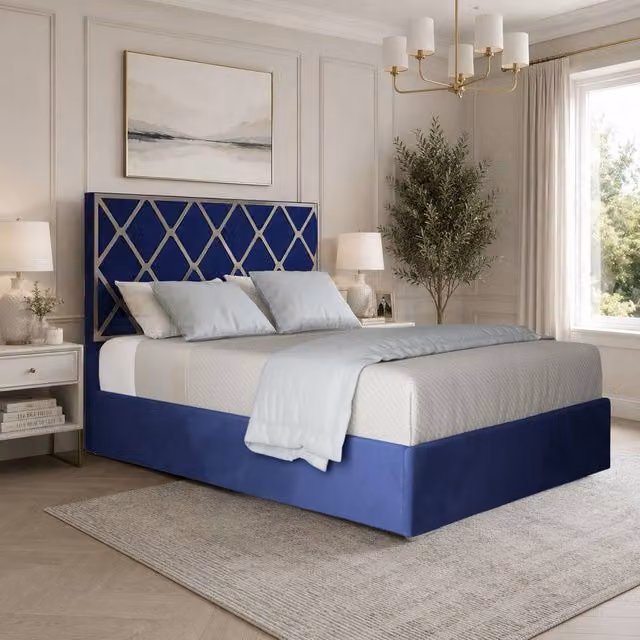 KDMD Wilburton Upholstered Soft Velvet Designer Bed Frame in Blue with Metal Accents, Size: Small Double (120 x 200 cm)