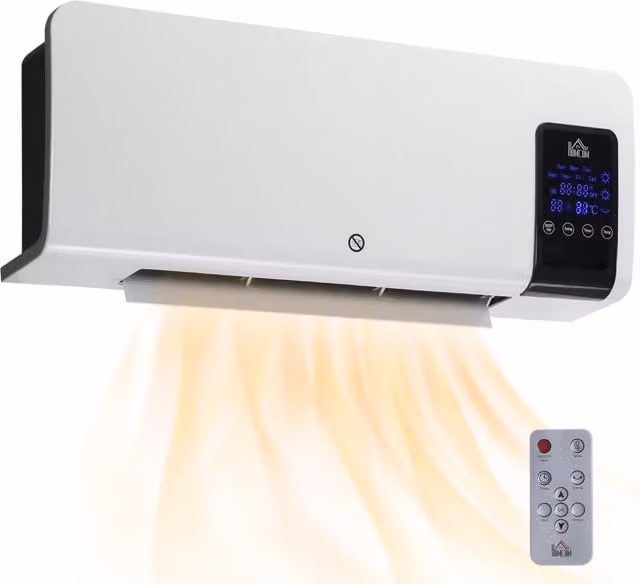 HOMCOM White Wall Mounted Ceramic Fan Heater, 2000W with Remote Control, Timer and Overheat Protection