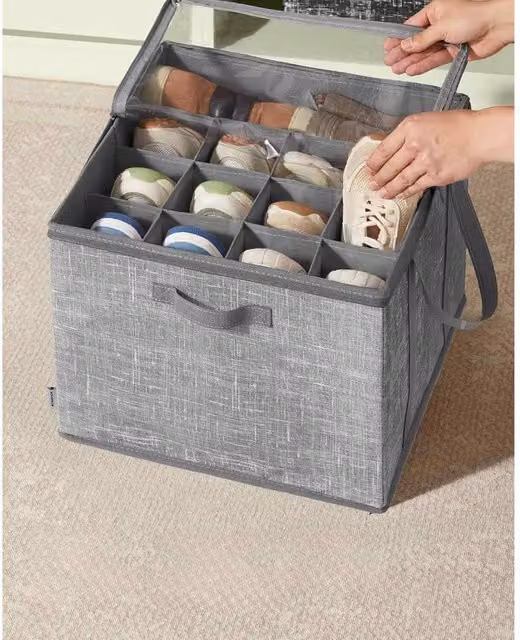 The Bazaarist Fabric Shoe Storage Bin with Clear Lid and Handles, Mid Grey