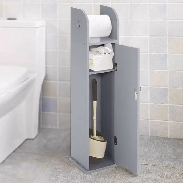 EONLION Free Standing Wooden Toilet Paper Roll Holder and Spare Roll Stand in Grey, H 45.5 x W 15.0 x D 13.5 cm