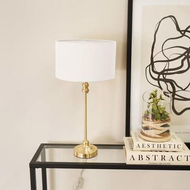 ValueLights Maggie Gold Table Lamp with White Fabric Cylinder Drum Shade