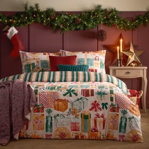 Riva Home All Wrapped Up Reversible Striped Christmas Duvet Cover Set, Emerald and Red, Single, 90 x 200 cm