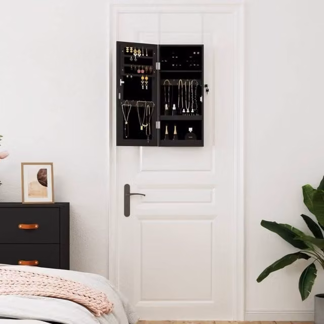 Berkfield Home Wall Mounted Mirror Jewellery Cabinet in Black, W/D/H: 30 x 8.5 x 67 cm