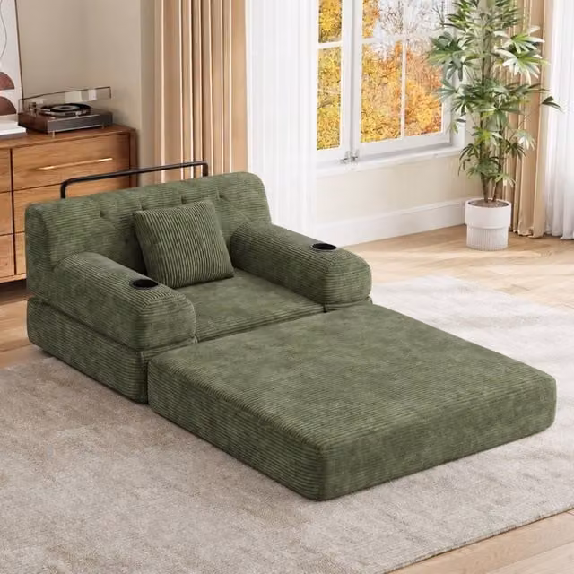 Rolipo Green Corduroy 1-Seater Sleeper Sofa with Cup Holders and Pockets