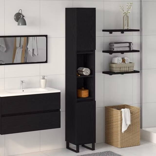 Berkfield Home Black Oak Bathroom Cabinet with Hinged Doors and Open Shelves, W/D/H: 30 x 30 x 190 cm