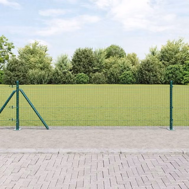 Berkfield Home Green Steel Welded Wire Fence with 13 Flanged Posts, W: 0.4 m, L: 25 m