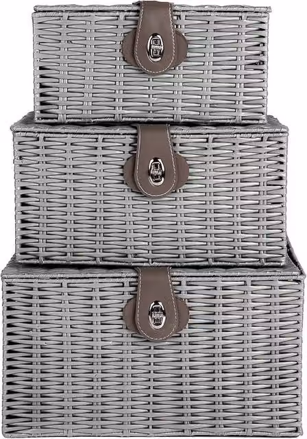 MANTRARAJ Set of 3 Resin Wicker Woven Storage Baskets with Lids and Handles, Black and Grey