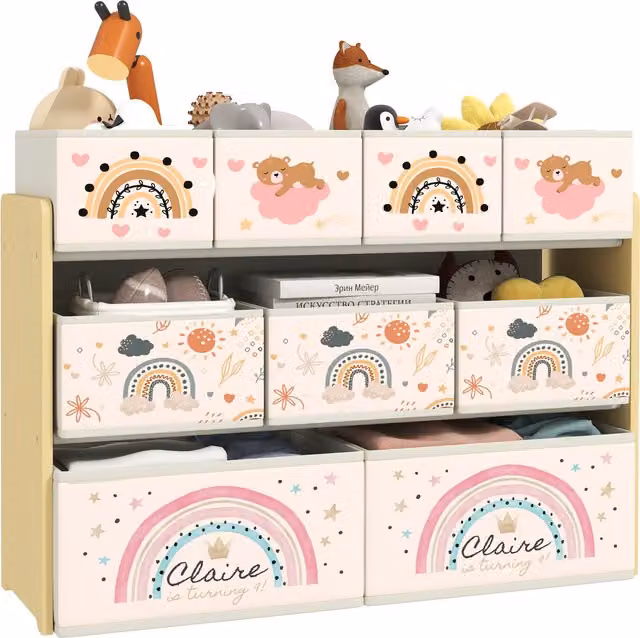 AIYAPLAY 3-Tier Kids Storage Unit with 9 Non-Woven Fabric Boxes in Yellow