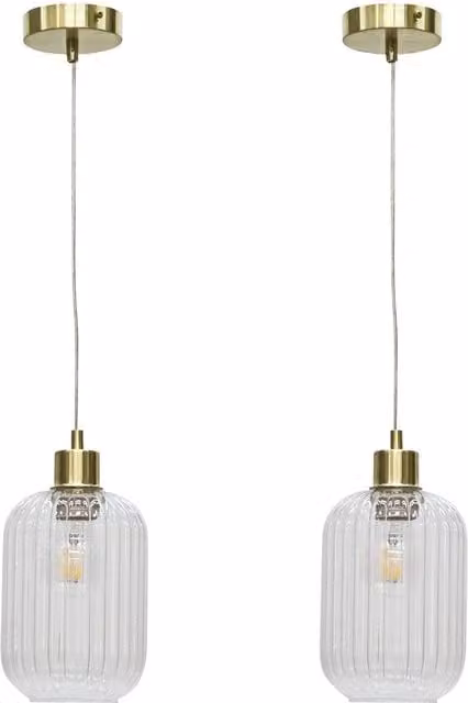 First Choice Lighting Batley Set of 2 Pendant Lights with Transparent Ribbed Glass and Satin Brass Fittings