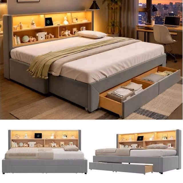 BTM Grey Velvet Extendable Single Daybed with LED and Drawers W/D/H: 90 x 190 cm