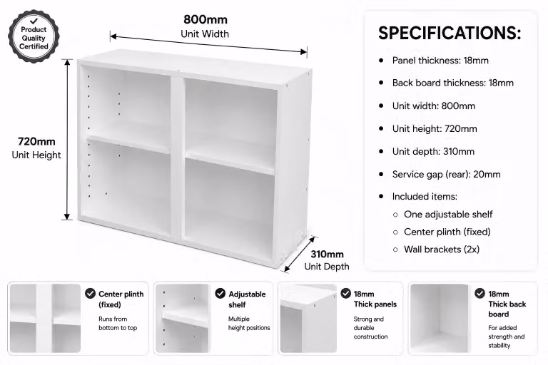 Cheap Furniture Warehouse White Matt Kitchen Wall Unit with Internal Shelves and Open Shelf Doors, W: 80.0 cm, H: 72.0 cm, D: 31.8 cm